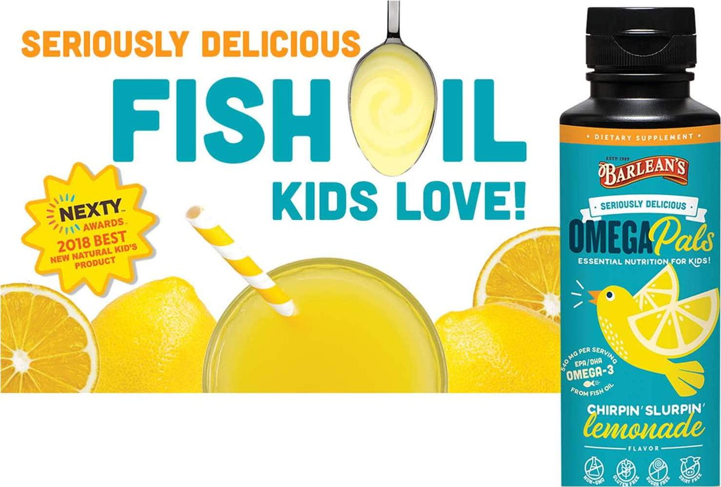 Barlean's Seriously Delicious Omega Pals Chirpin' Slirpin' Lemonade from Fish Oil with 540 mgs of EPA/DHA - All-Natural Fruit Flavor, Non-GMO, Gluten Free - 8-Ounce
