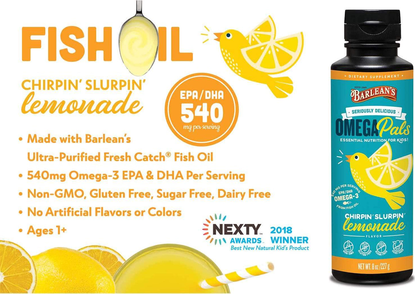 Barlean's Seriously Delicious Omega Pals Chirpin' Slirpin' Lemonade from Fish Oil with 540 mgs of EPA/DHA - All-Natural Fruit Flavor, Non-GMO, Gluten Free - 8-Ounce