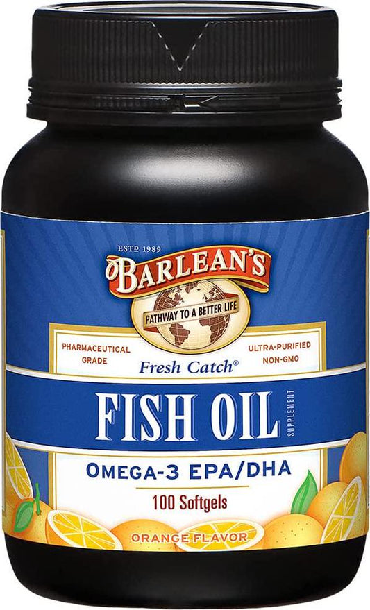 Barlean's Fresh Catch Fish Oil Supplement Softgels with EPA DHA Omega 3 - Orange Flavor - Ultra-Purified, Pharmaceutical Grade, Non-GMO, Gluten Free -100 Count