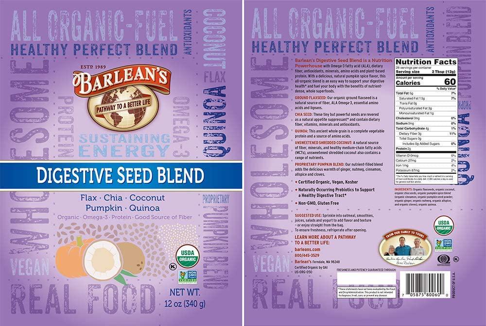 Barlean's Organic Digestive Seed Blend with Omega-3 Fatty Acid (ALA), Dietary Fiber, Antioxidants, and Amino Acids - Vegan, USDA Organic, Non-GMO, Gluten-Free - 12-Ounce