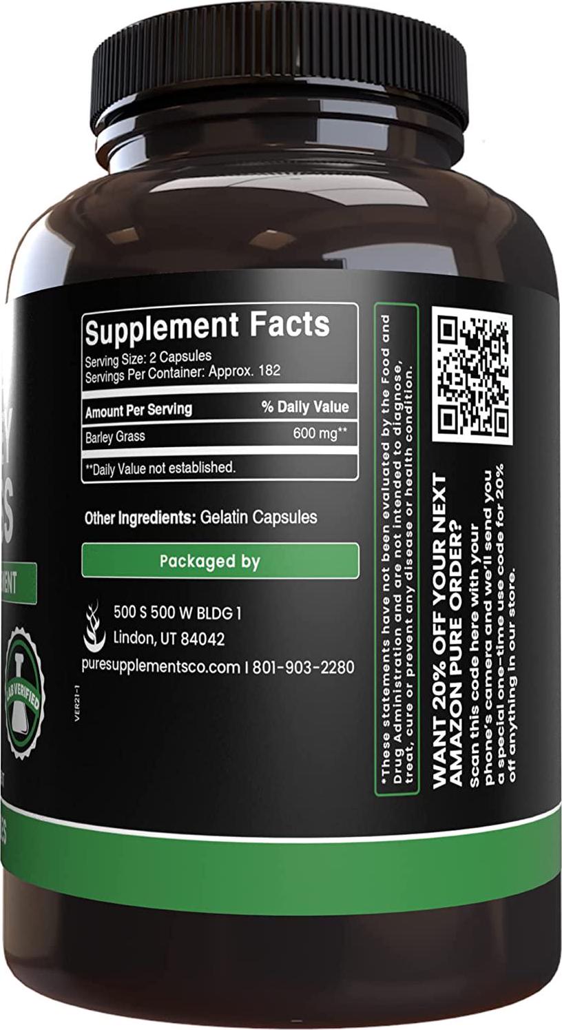 Barley Grass (365 Capsules) 100% Pure and Natural, Potent, Paleo and Keto-Friendly, Non-GMO, Made in USA (600 mg Serving)