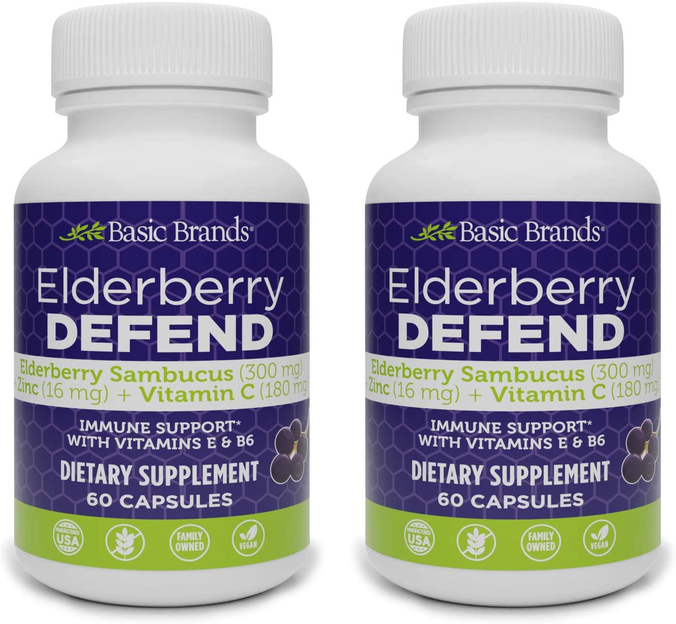 Basic Brands Elderberry Defend Immune Support, Daily Supplement with Vitamins C, E, B6, Zinc, Echinacea Powder, Gluten Free, 60 Count (Pack of 2)