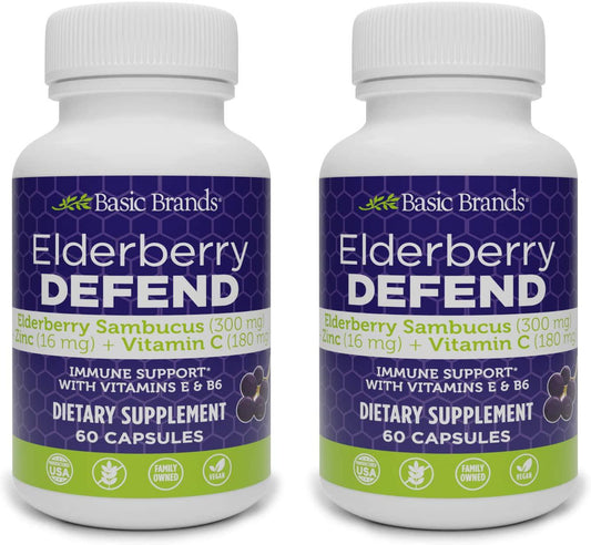 Basic Brands Elderberry Defend Immune Support, Daily Supplement with Vitamins C, E, B6, Zinc, Echinacea Powder, Gluten Free, 60 Count (Pack of 2)