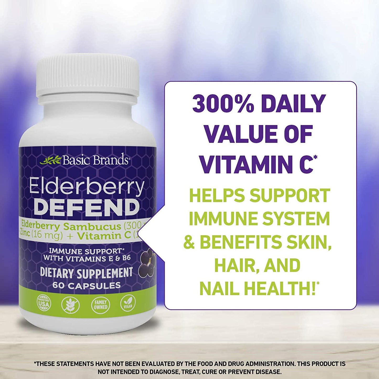 Basic Brands Elderberry Defend Immune Support, Daily Supplement with Vitamins C, E, B6, Zinc, Echinacea Powder, Gluten Free, 60 Count (Pack of 2)