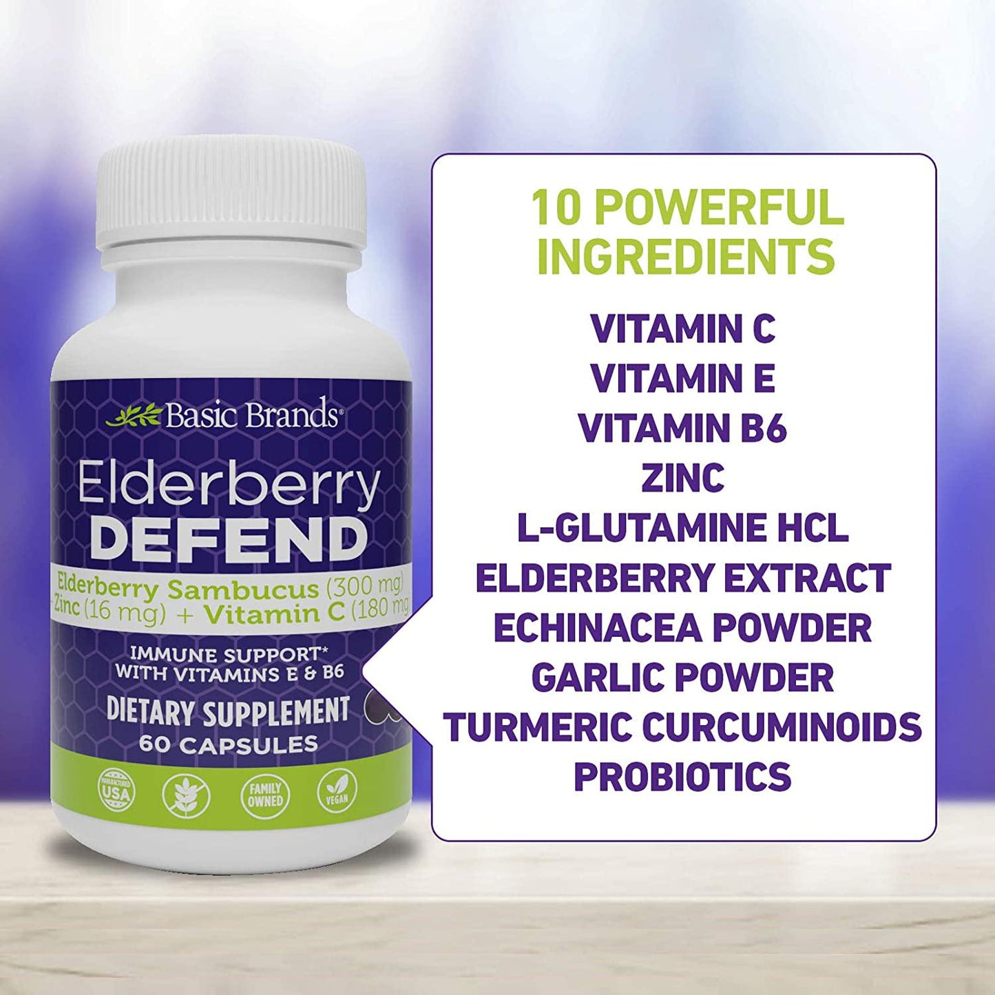 Basic Brands Elderberry Defend Immune Support, Daily Supplement with Vitamins C, E, B6, Zinc, Echinacea Powder, Gluten Free, 60 Count (Pack of 2)