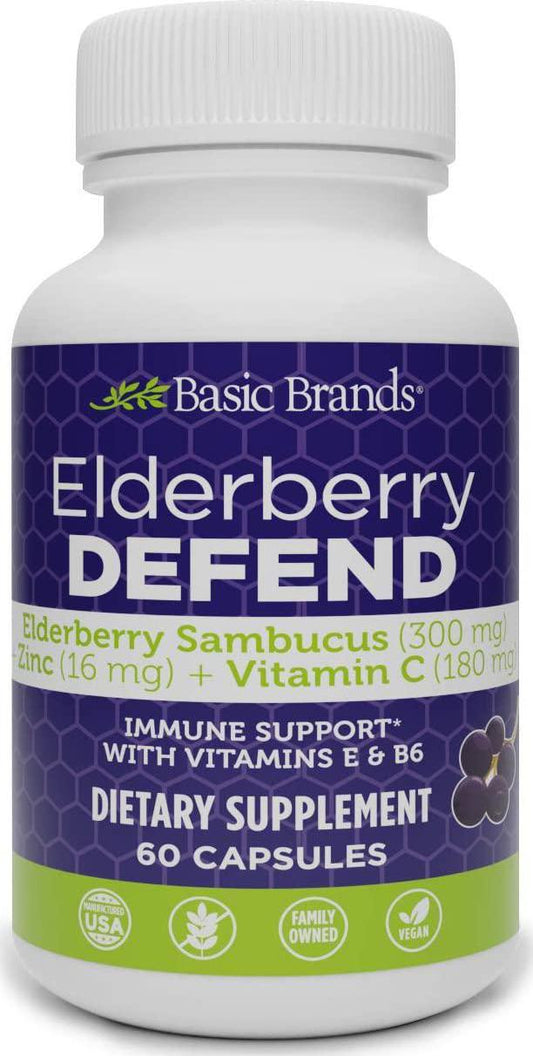 Basic Brands Elderberry Defend Immune Support, Daily Supplement with Vitamins C, E, B6, Zinc, Echinacea Powder, Gluten Free, 60 Count (Pack of 1)