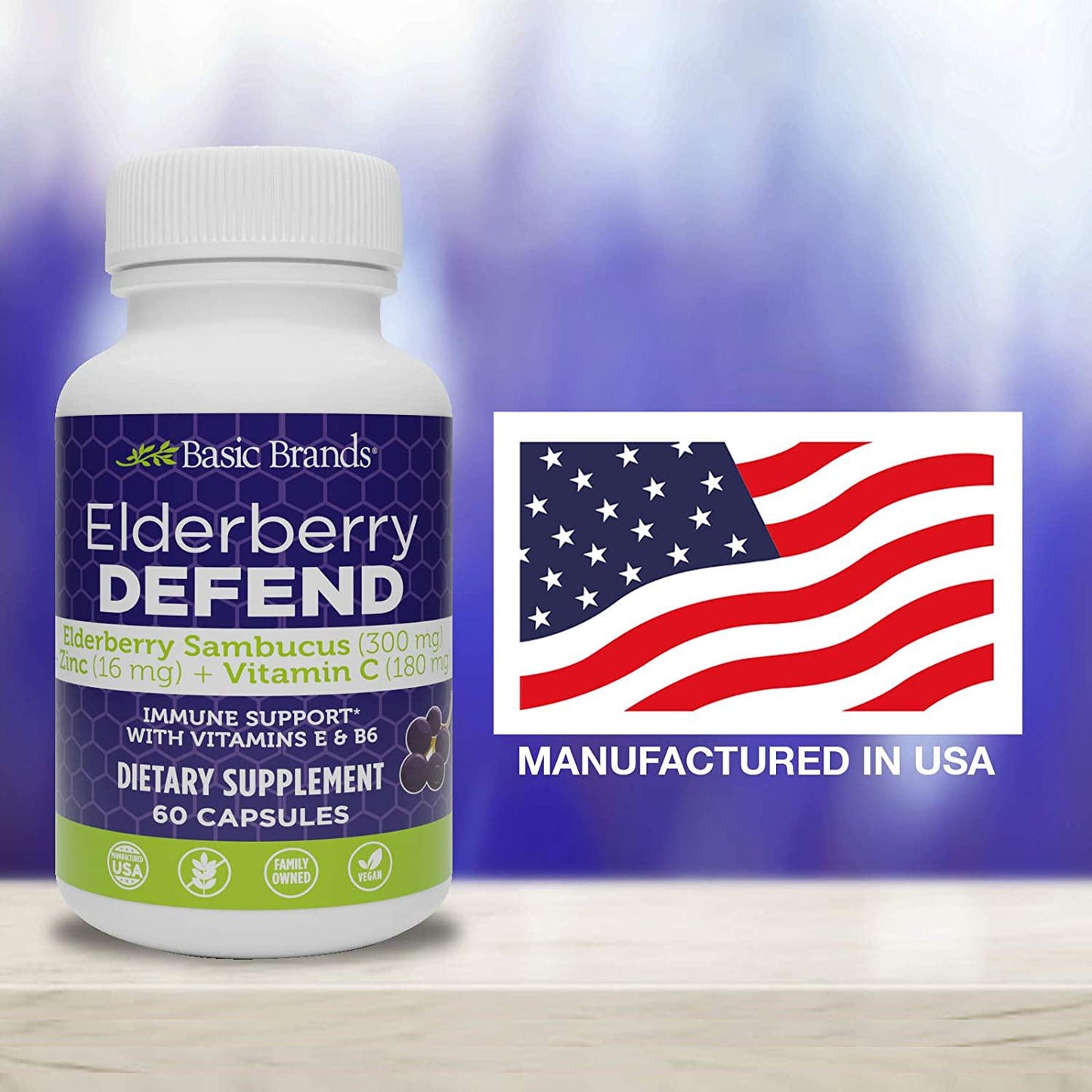 Basic Brands Elderberry Defend Immune Support, Daily Supplement with Vitamins C, E, B6, Zinc, Echinacea Powder, Gluten Free, 60 Count (Pack of 1)