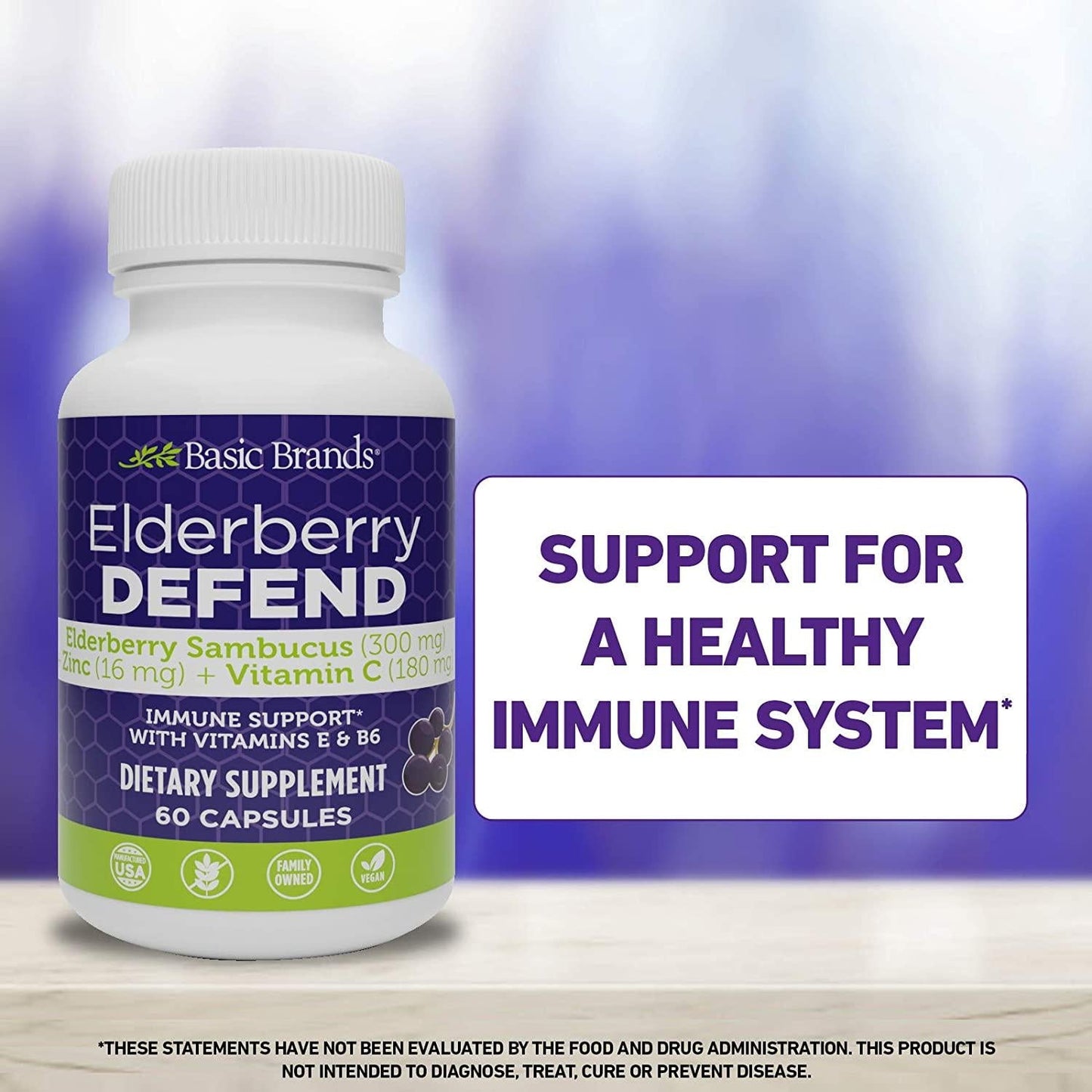 Basic Brands Elderberry Defend Immune Support, Daily Supplement with Vitamins C, E, B6, Zinc, Echinacea Powder, Gluten Free, 60 Count (Pack of 1)