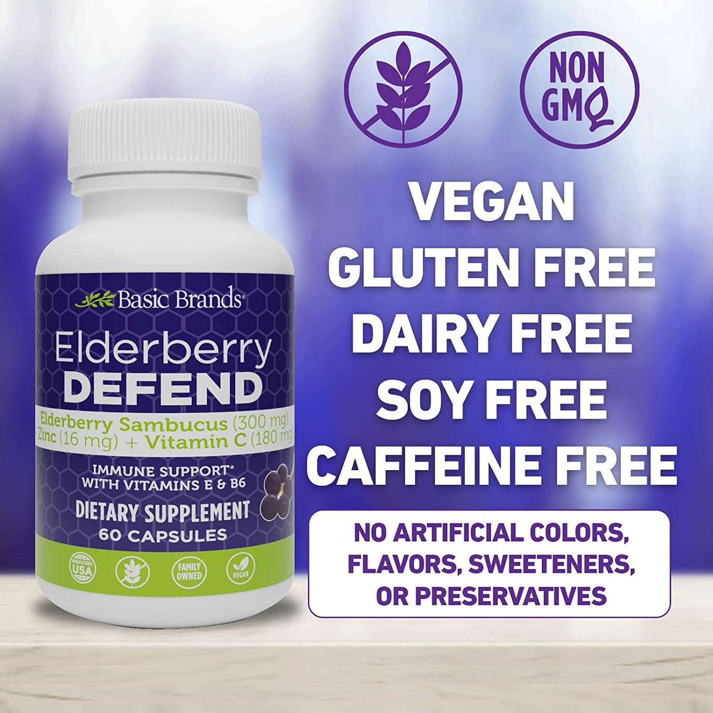 Basic Brands Elderberry Defend Immune Support, Daily Supplement with Vitamins C, E, B6, Zinc, Echinacea Powder, Gluten Free, 60 Count (Pack of 1)