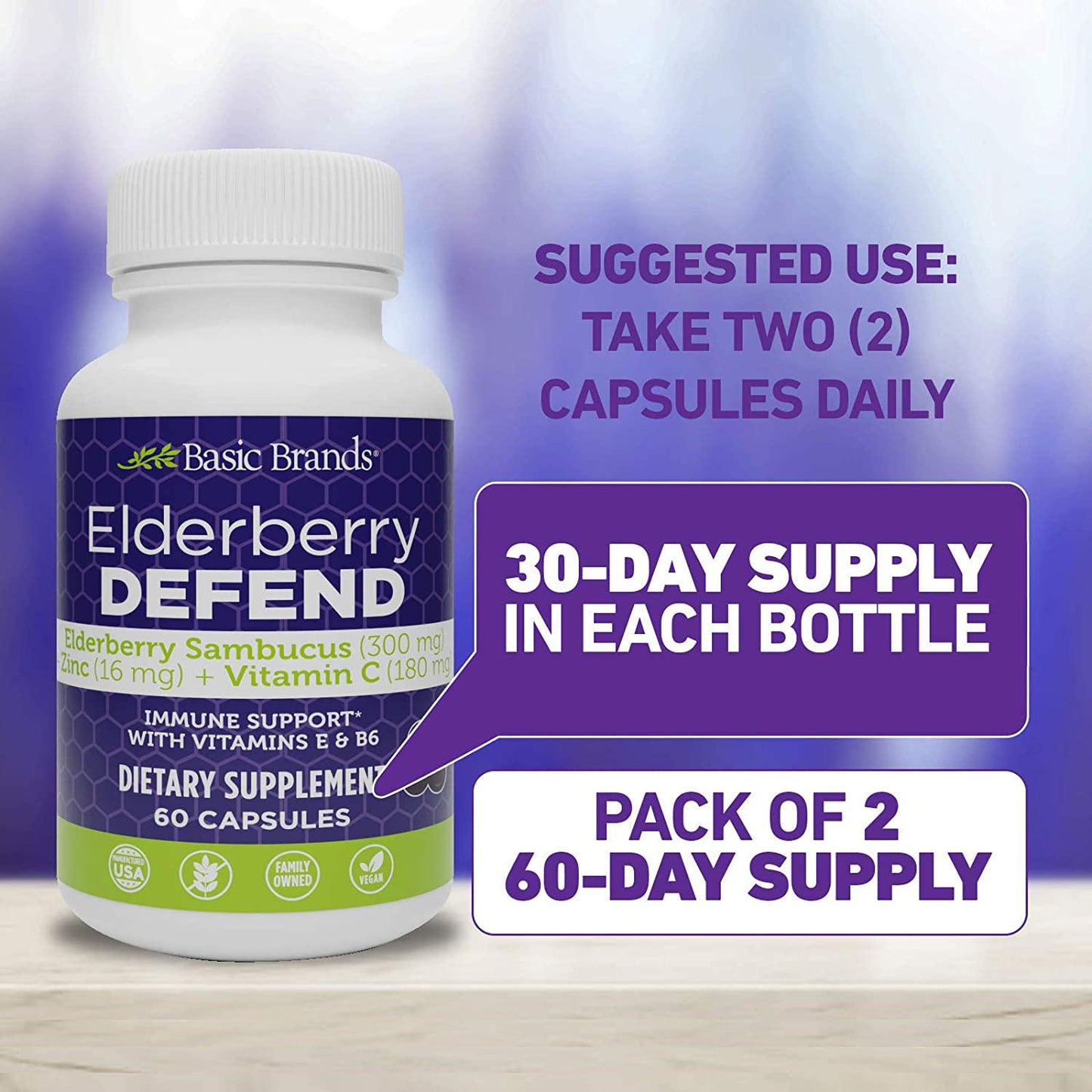 Basic Brands Elderberry Defend Immune Support, Daily Supplement with Vitamins C, E, B6, Zinc, Echinacea Powder, Gluten Free, 60 Count (Pack of 2)