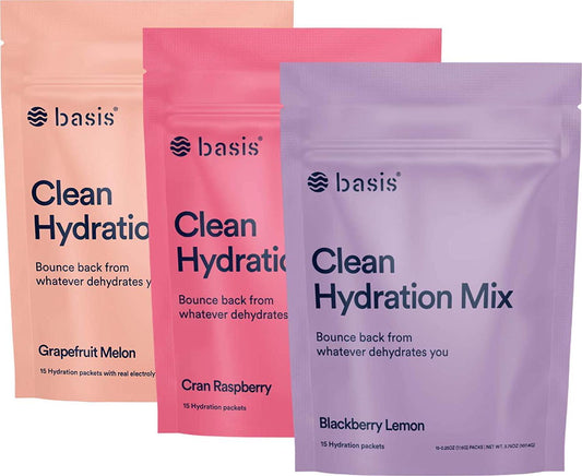 Basis Electrolyte Powder Mix, Keto-Friendly Hydration, Low Sugar for Dehydration Recovery - 3 Variety Flavors / 3 Pouches (45 Sticks)