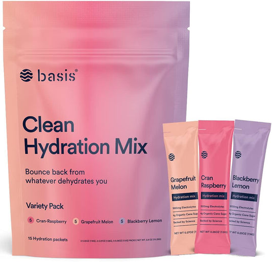 Basis Hydration Low Sugar Powder Packets, Electrolyte Mix, Keto-Friendly, Hangover Supplement Drink, Pregnancy Dehydration Relief - for Workout Travel Sports (Variety Pack, 15 Sticks)