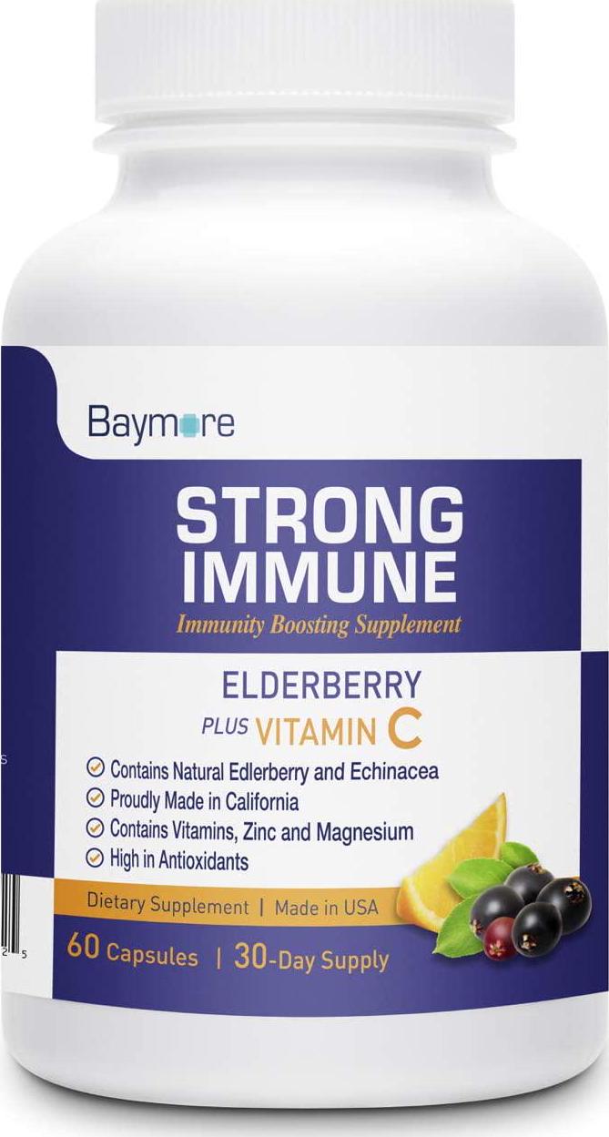 Baymore Immunity Boost Supplement with Elderberry, Vitamin C, Echinacea and Zinc - Once Daily Multi-System Support- 60 Capsules
