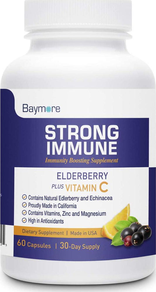 Baymore Immunity Boost Supplement with Elderberry, Vitamin C, Echinacea and Zinc - Once Daily Multi-System Support- 60 Capsules