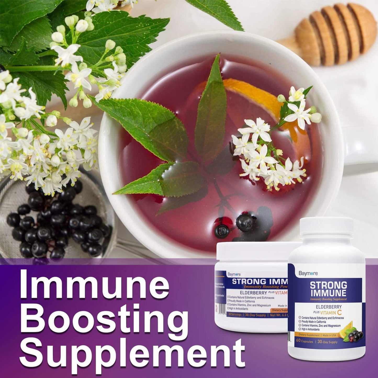 Baymore Immunity Boost Supplement with Elderberry, Vitamin C, Echinacea and Zinc - Once Daily Multi-System Support- 60 Capsules