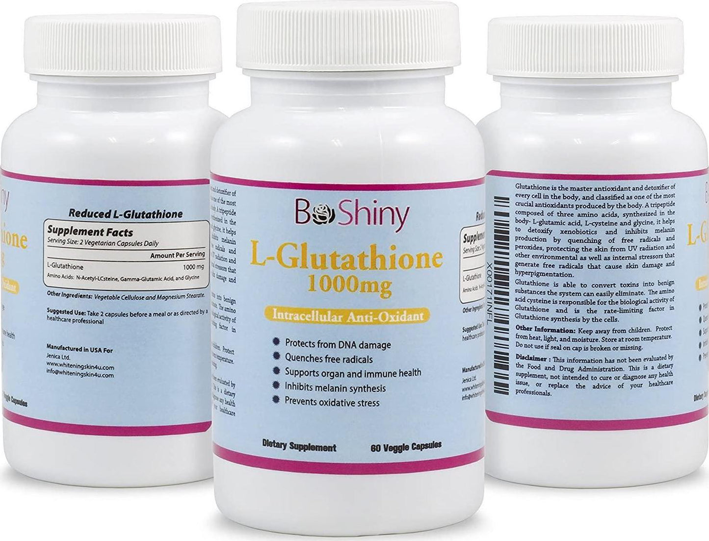 BeShiny L Glutathione Skin Lightening Brightening Pills 1000 mg Antioxidant Anti Aging to Support Liver Health and Detox Help Immune and Brain Function Reduce Free Radical Damage Vegan 60 Capsules