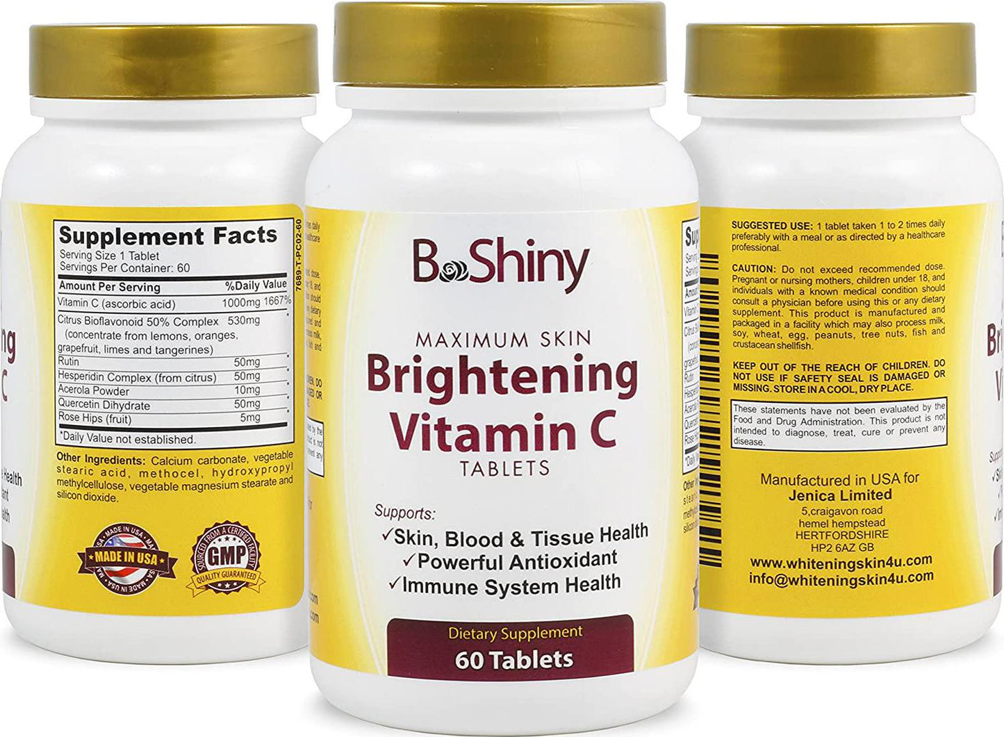 BeShiny Vitamin C Complex 1000 mg Tablets for Skin Lightening Brightening Antioxidant with Rose Hips and Bioflavinoids Immune Support Supplement Healthy Aging Builds Energy and Overall Well Being