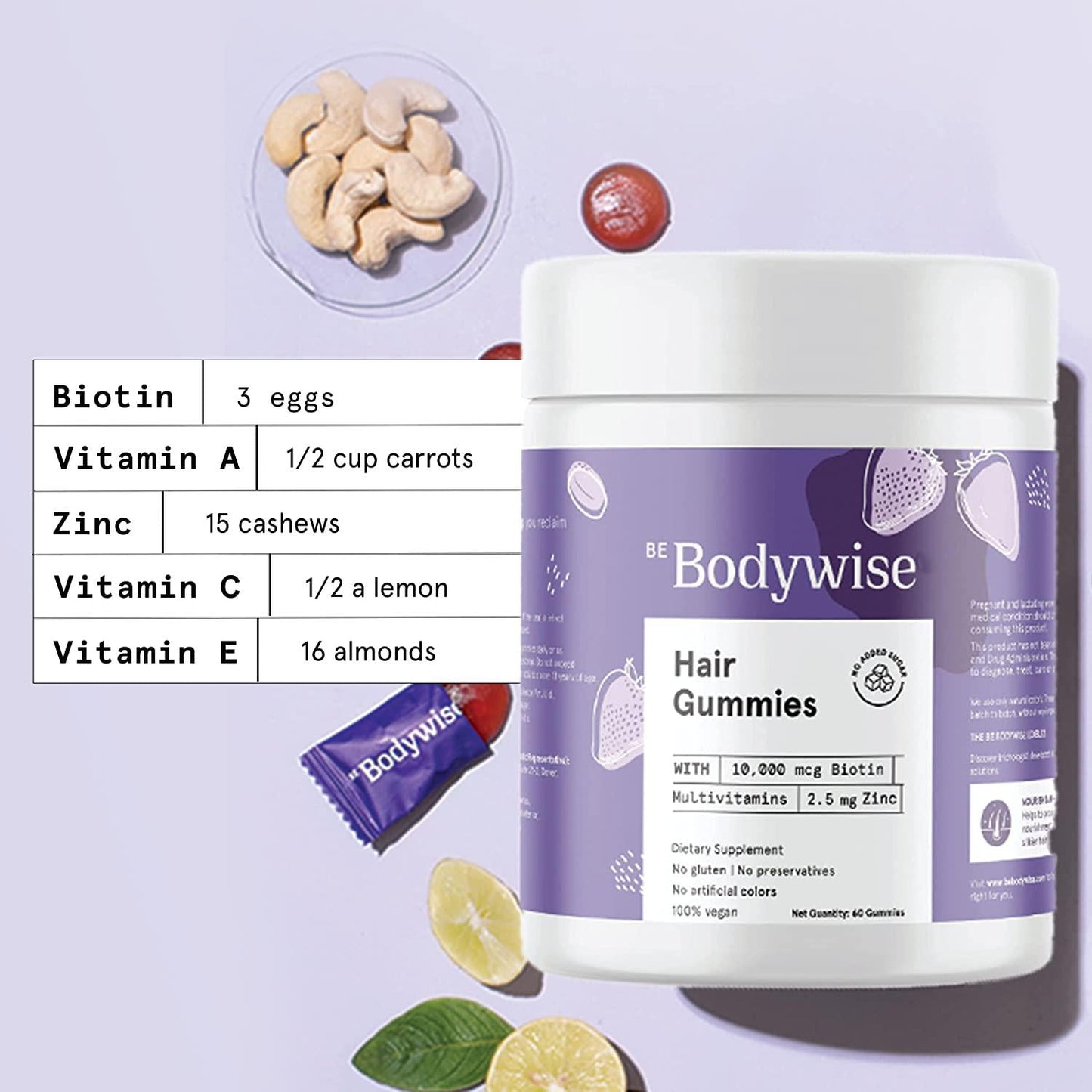 Be Bodywise Biotin Hair Gummies | No Added Sugar | High Potency Biotin Supplements | Delicious Strawberry Flavored Gummies | Added Zinc and Multivitamins | 30 Day Pack | 60 Gummies