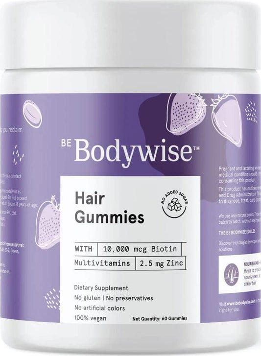 Be Bodywise Biotin Hair Gummies | No Added Sugar | High Potency Biotin Supplements | Delicious Strawberry Flavored Gummies | Added Zinc and Multivitamins | 30 Day Pack | 60 Gummies