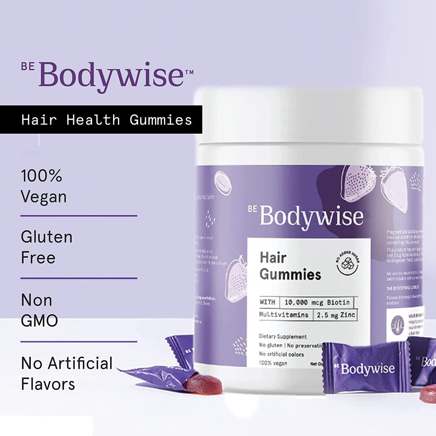 Be Bodywise Biotin Hair Gummies | No Added Sugar | High Potency Biotin Supplements | Delicious Strawberry Flavored Gummies | Added Zinc and Multivitamins | 30 Day Pack | 60 Gummies