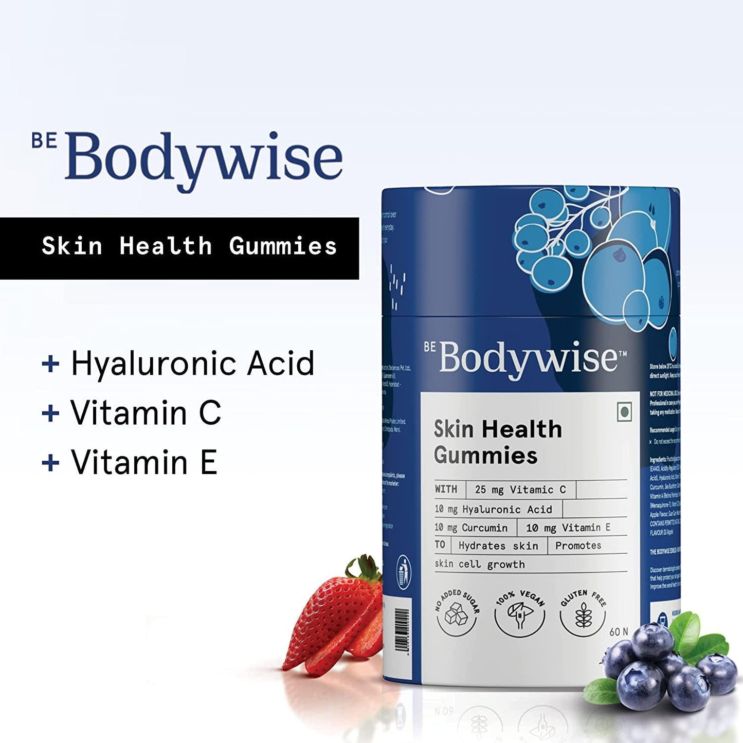 Be Bodywise Skin Gummies with Vitamin C, Hyaluronic Acid, Vitamin E, Curcumin | Skin Gummies | Vegan Gummies, Gluten Free | Skin Vitamins | No Sugar Added | 1 Month Pack | 60 Gummies