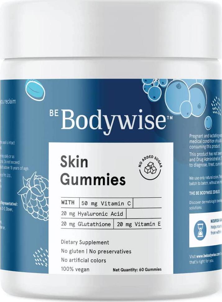 Be Bodywise Skin Gummies with Vitamin C, Hyaluronic Acid, Vitamin E, Curcumin | Skin Gummies | Vegan Gummies, Gluten Free | Skin Vitamins | No Sugar Added | 1 Month Pack | 60 Gummies