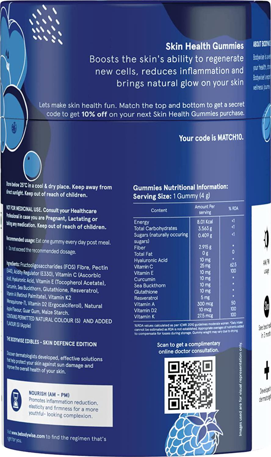 Be Bodywise Skin Gummies with Vitamin C, Hyaluronic Acid, Vitamin E, Curcumin | Skin Gummies | Vegan Gummies, Gluten Free | Skin Vitamins | No Sugar Added | 1 Month Pack | 60 Gummies