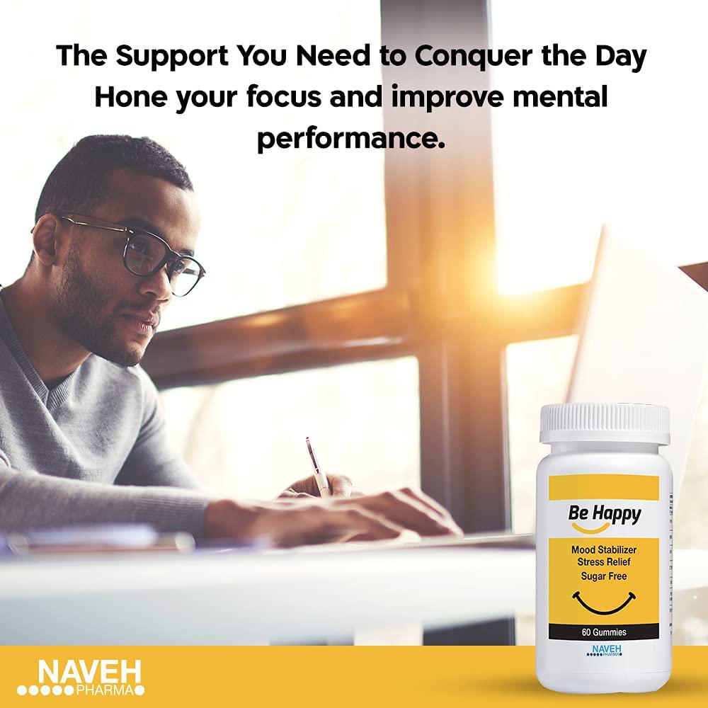 Be Happy Saffron Supplements for Adults Stress-Relief, Focus Gummies with Saffron Extract, Vitamin D, and Vitamin B12 Great-Tasting, Sugar-Free Mood Support Supplement by Naveh Pharma, 60 Ct.
