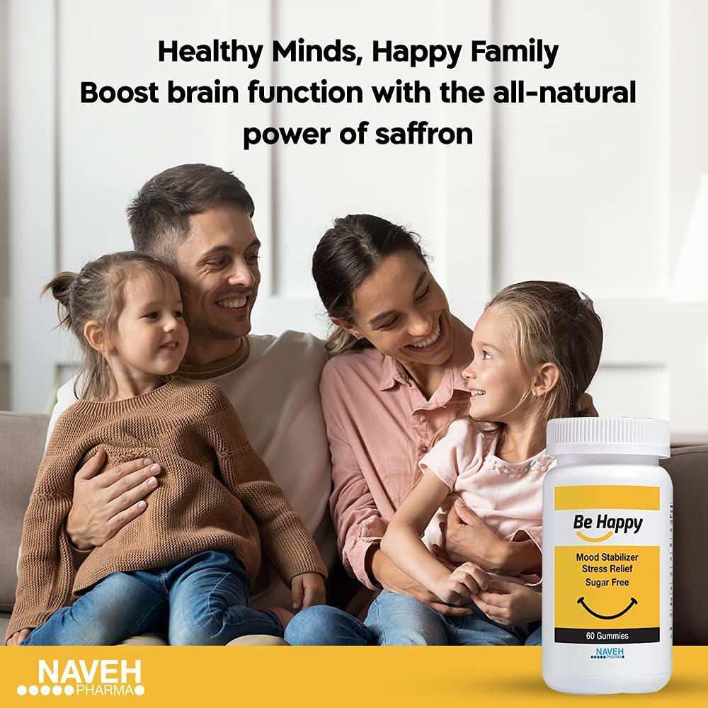 Be Happy Saffron Supplements for Adults Stress-Relief, Focus Gummies with Saffron Extract, Vitamin D, and Vitamin B12 Great-Tasting, Sugar-Free Mood Support Supplement by Naveh Pharma, 60 Ct.