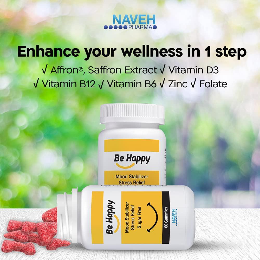 Be Happy Saffron Supplements for Adults Stress-Relief, Focus Gummies with Saffron Extract, Vitamin D, and Vitamin B12 Great-Tasting, Sugar-Free Mood Support Supplement by Naveh Pharma, 60 Ct.