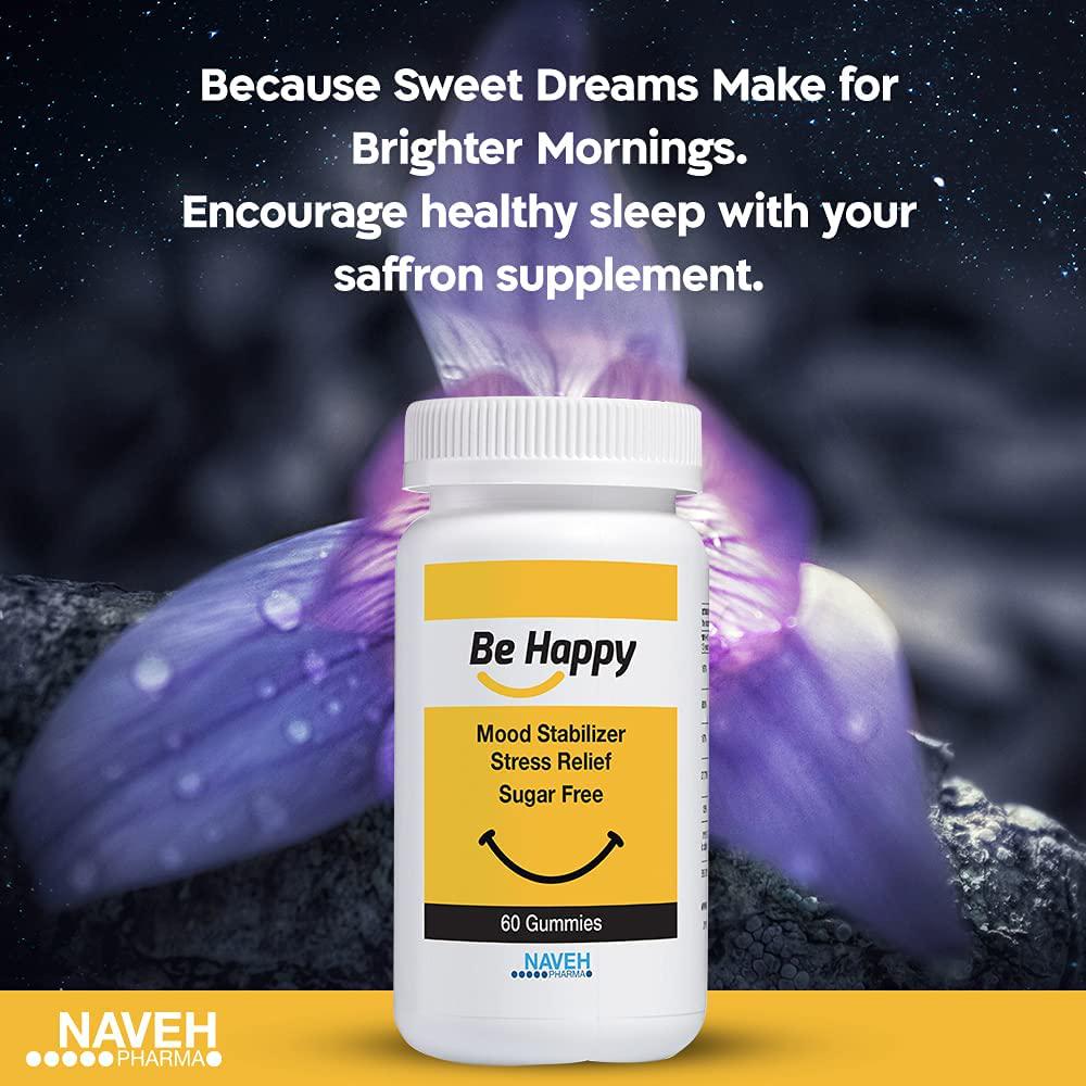 Be Happy Saffron Supplements for Adults Stress-Relief, Focus Gummies with Saffron Extract, Vitamin D, and Vitamin B12 Great-Tasting, Sugar-Free Mood Support Supplement by Naveh Pharma, 60 Ct.