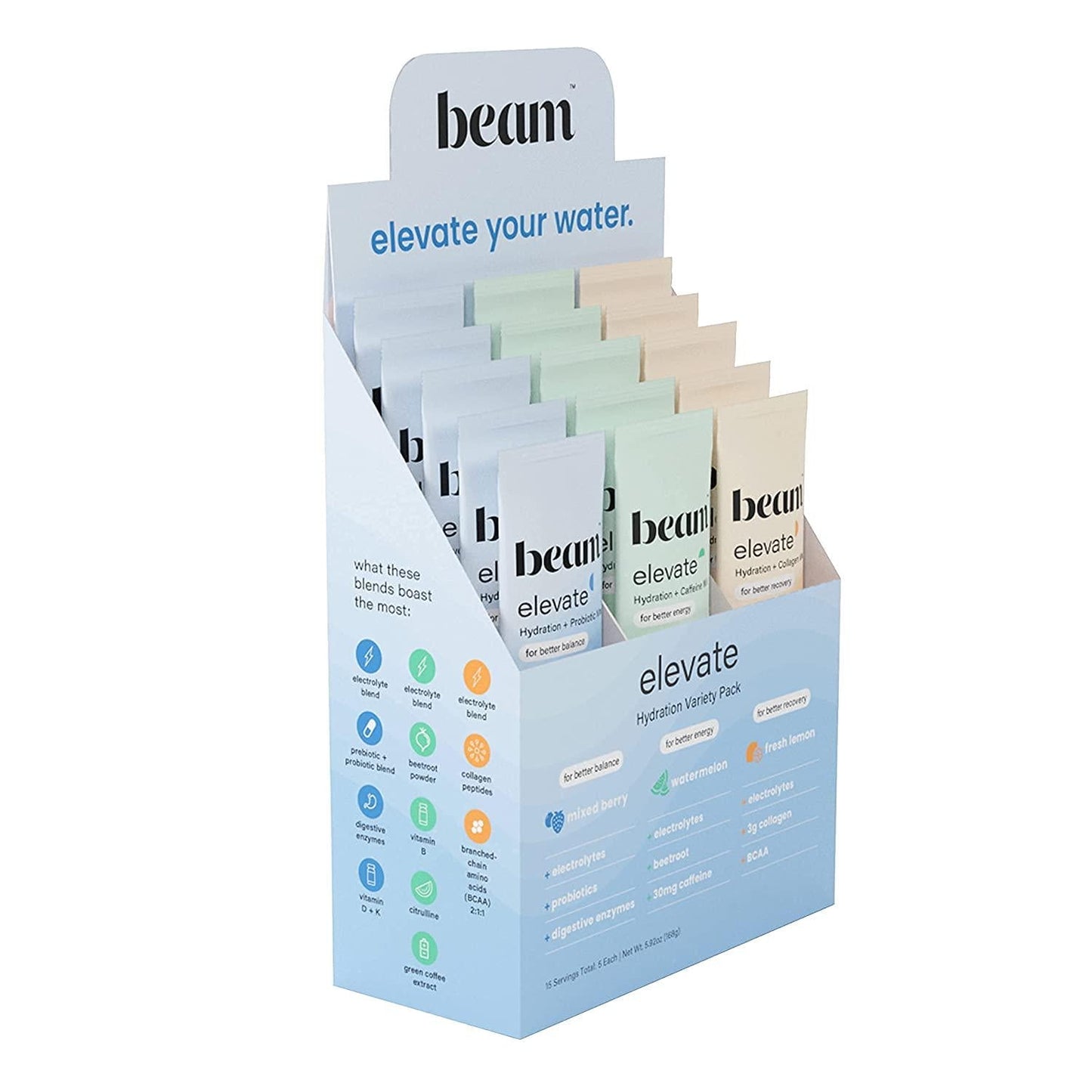 Beam Organics, Elevate Hydration Variety Pack, Balance + Recovery + Performance, 15 Single Serve Packets (5 of each), Hydration, Energy Blend, Probiotics, Collagen Mix