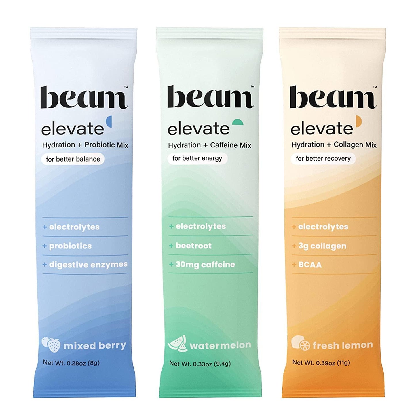 Beam Organics, Elevate Hydration Variety Pack, Balance + Recovery + Performance, 15 Single Serve Packets (5 of each), Hydration, Energy Blend, Probiotics, Collagen Mix