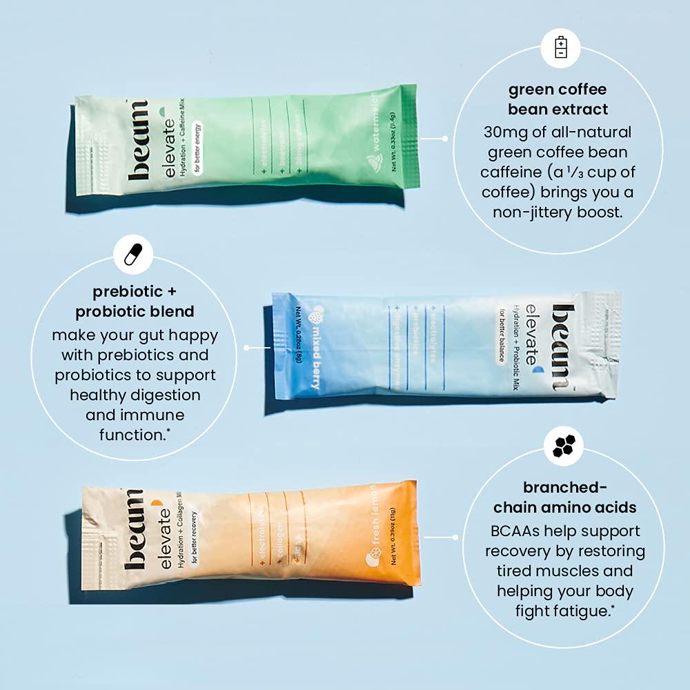 Beam Organics, Elevate Hydration Variety Pack, Balance + Recovery + Performance, 15 Single Serve Packets (5 of each), Hydration, Energy Blend, Probiotics, Collagen Mix
