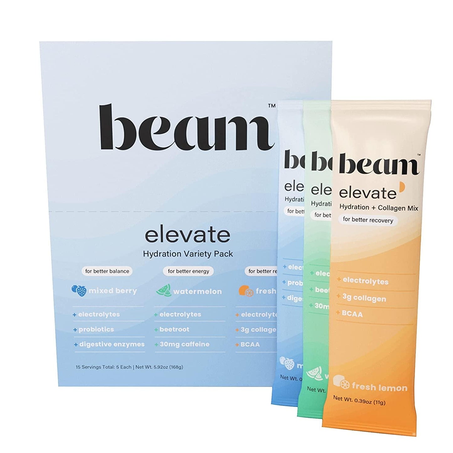 Beam Organics, Elevate Hydration Variety Pack, Balance + Recovery + Performance, 15 Single Serve Packets (5 of each), Hydration, Energy Blend, Probiotics, Collagen Mix