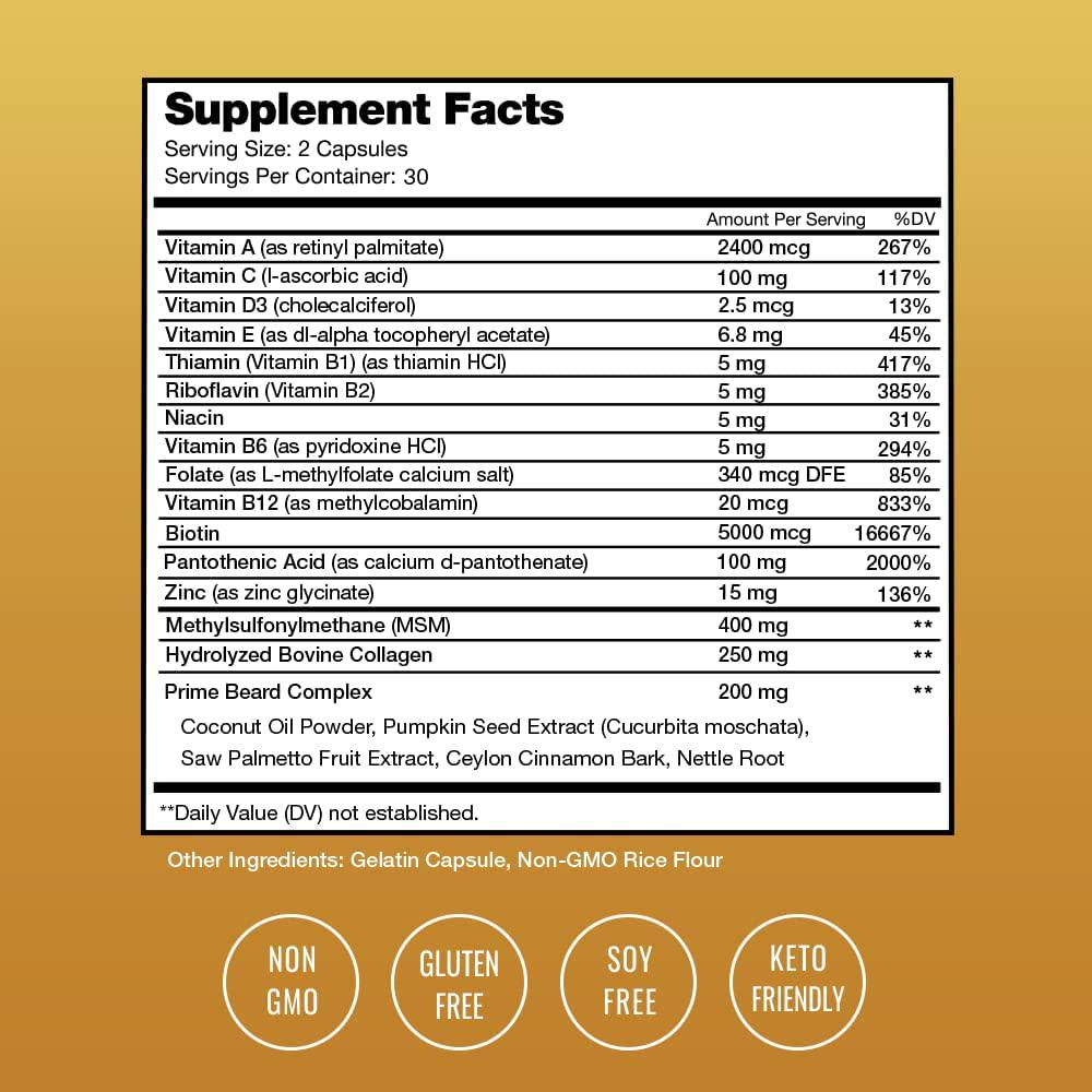 Beard Growth Vitamins Supplement for Men - Grow Thicker and Longer Facial Hair with Biotin, Collagen, Saw Palmetto - Small Pills For All Hair Types