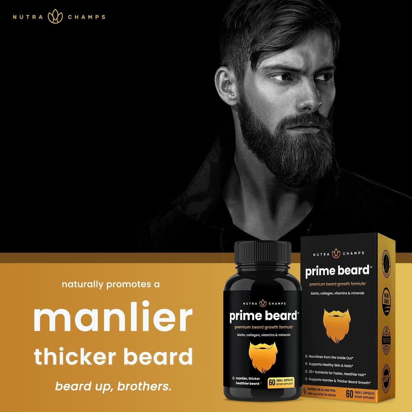 Beard Growth Vitamins Supplement for Men - Grow Thicker and Longer Facial Hair with Biotin, Collagen, Saw Palmetto - Small Pills For All Hair Types