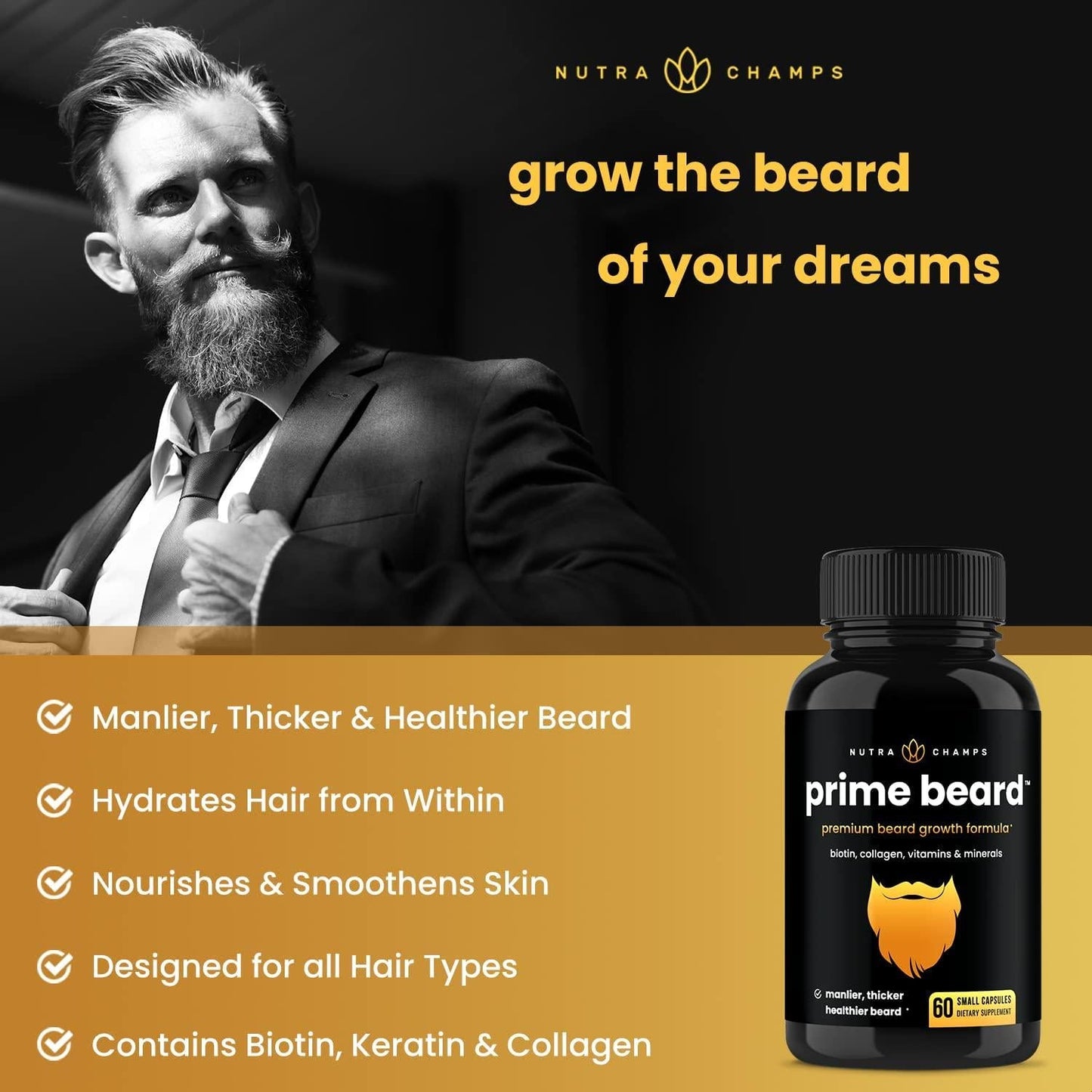 Beard Growth Vitamins Supplement for Men - Grow Thicker and Longer Facial Hair with Biotin, Collagen, Saw Palmetto - Small Pills For All Hair Types