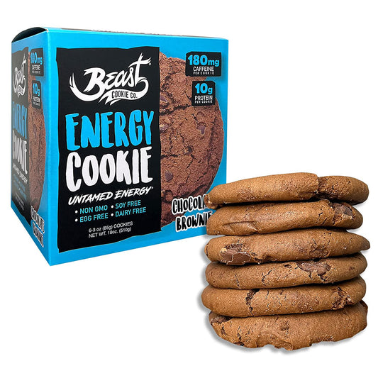 Beast Energy Cookie, Protein Cookie - Contain 180mg of Caffeine and 10g of Protein, Healthy Cookies, Dairy-Free, Soy-Free, Egg-Free, Non-GMO - Chocolate Brownie, 3 Ounce Cookie (Pack of 6)