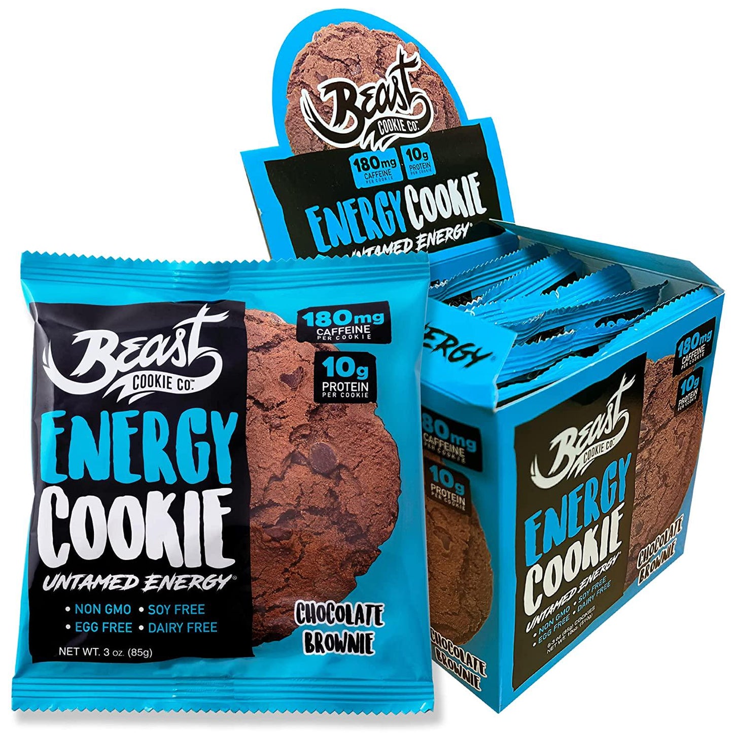 Beast Energy Cookie, Protein Cookie - Contain 180mg of Caffeine and 10g of Protein, Healthy Cookies, Dairy-Free, Soy-Free, Egg-Free, Non-GMO - Chocolate Brownie, 3 Ounce Cookie (Pack of 6)