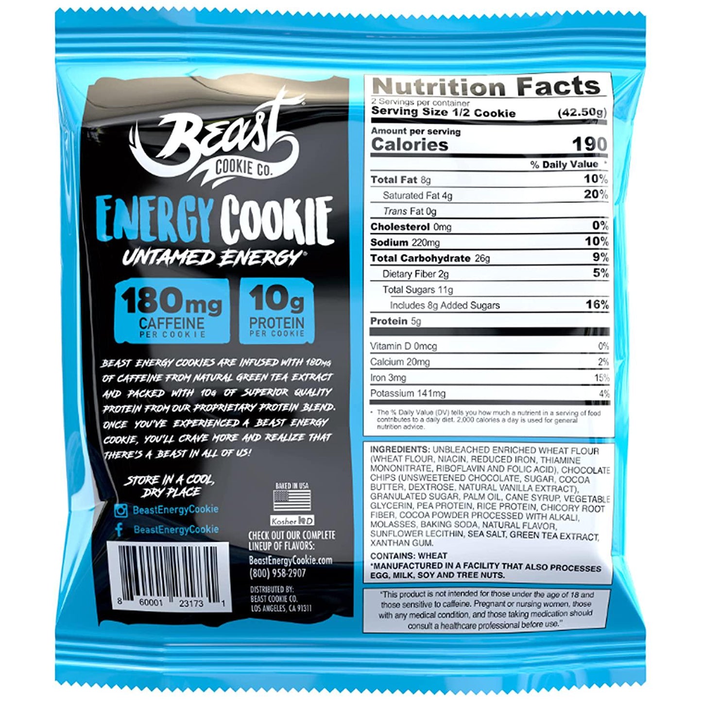 Beast Energy Cookie, Protein Cookie - Contain 180mg of Caffeine and 10g of Protein, Healthy Cookies, Dairy-Free, Soy-Free, Egg-Free, Non-GMO - Chocolate Brownie, 3 Ounce Cookie (Pack of 6)