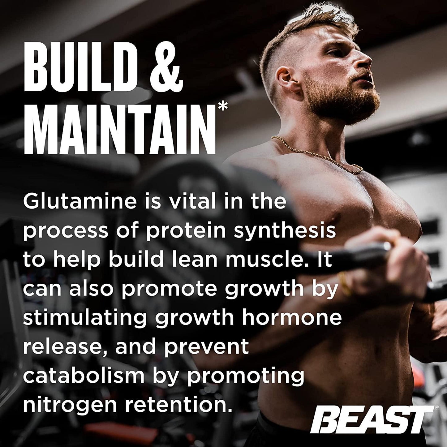 Beast Sports Nutrition Glutamine, Unflavored - 10.58 oz - Build and Maintain Muscle, Increase Endurance - Promotes Recovery and Growth - 60 Servings