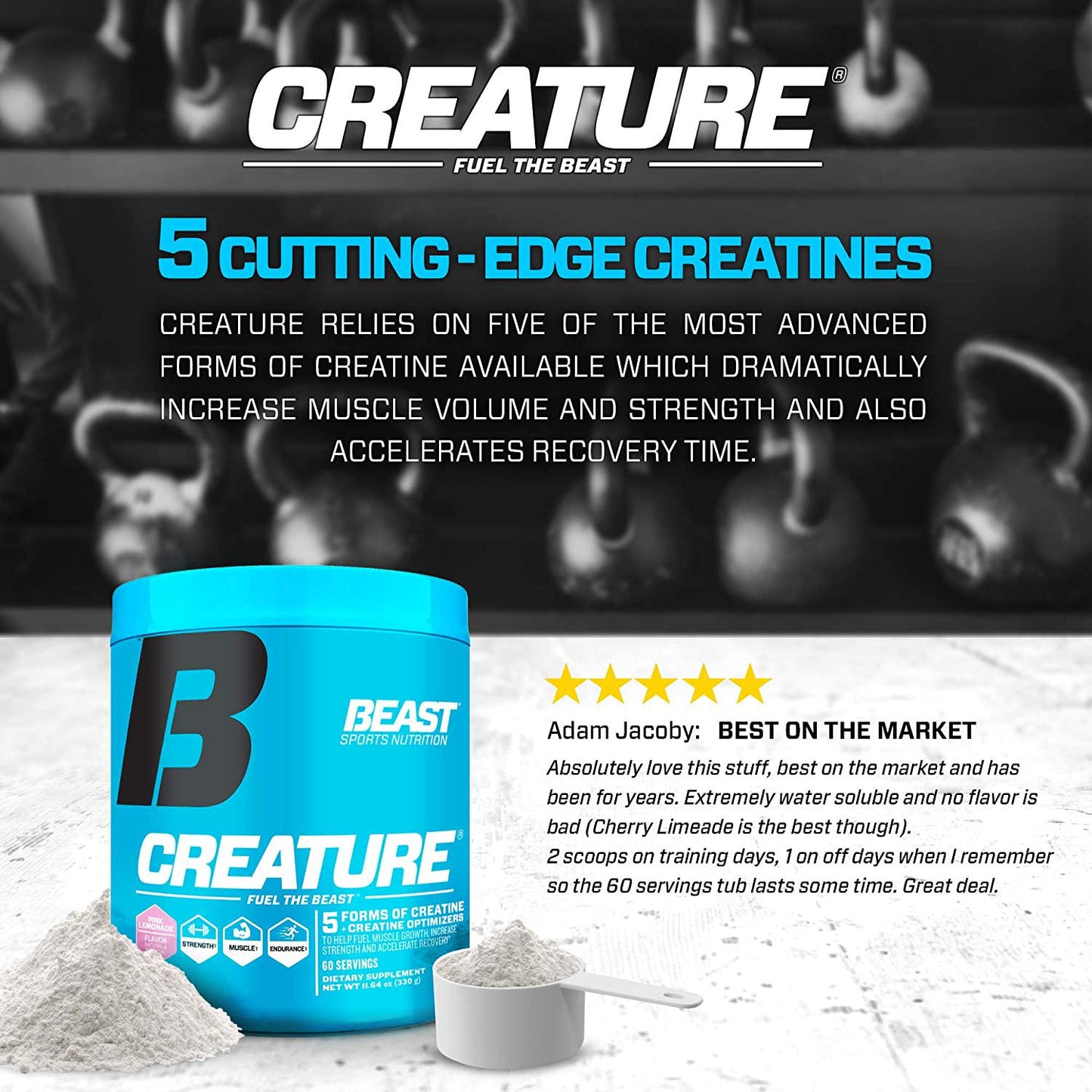 Beast Sports Nutrition – Creature Creatine Complex – Fuel Muscle Growth – Optimize Muscle Strength – Enhance Endurance – Increase Recovery Time – Five Forms of Creatine – Pink Lemonade 30 Servings