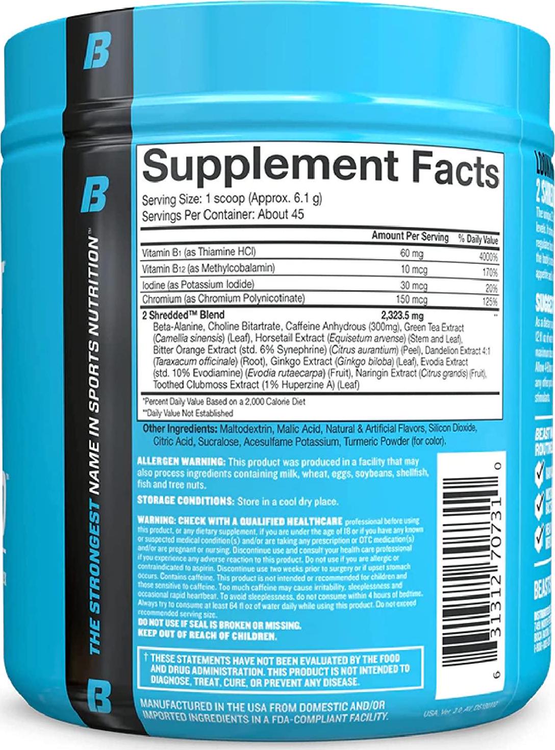 Beast Sports Nutrition 2 Shredded Thermogenic Powder, Metabolism Booster - Orange Mango, 274 Grams, 45 Servings