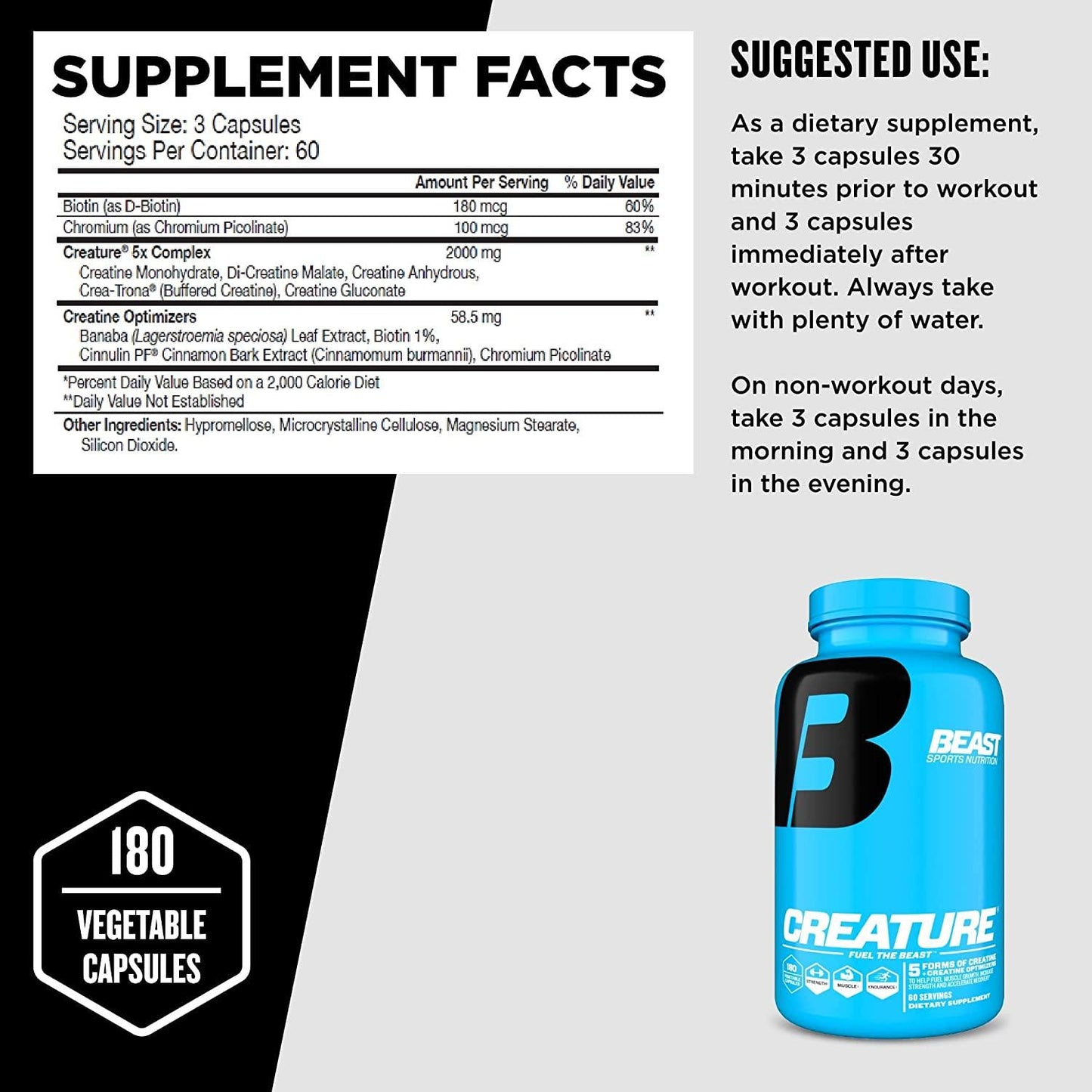 Beast Sports Nutrition Super Beast Stack - 180 Vegetable Capsules/Bottle - Powerful Combo to Improve Strength, Muscle Tone, Endurance and Recovery