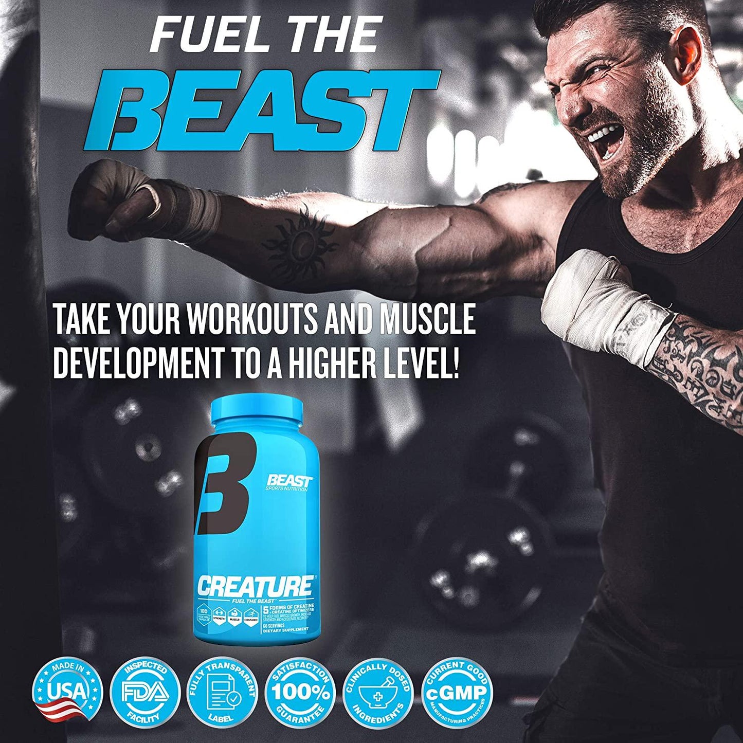 Beast Sports Nutrition Creature - 180 Vegetable Capsules - 5 Forms of Creatine + Creatine Optimizers - Improve Strength, Muscle Tone, Endurance, Recovery and Energy Production - 60 Servings