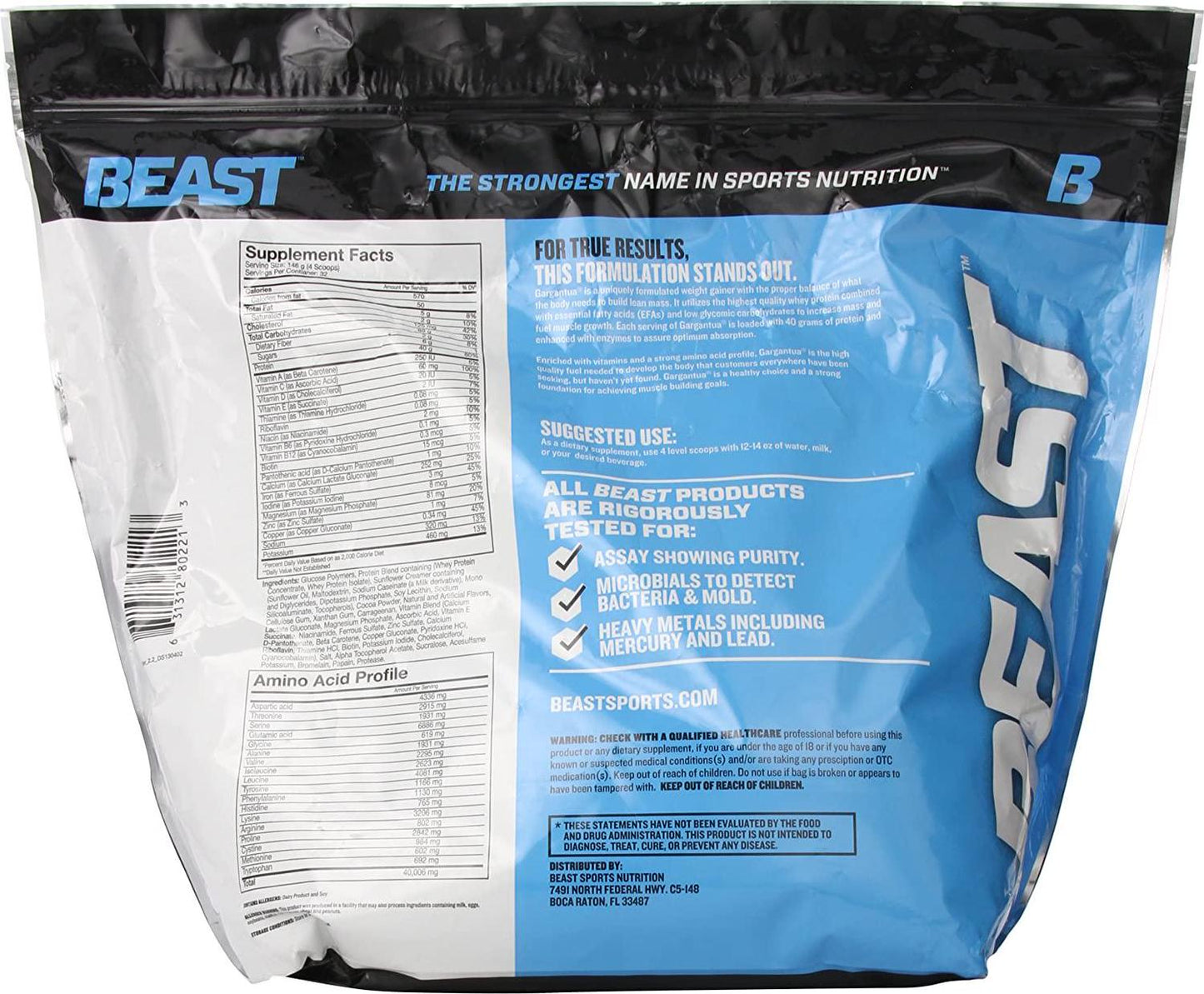 Beast Sports Nutrition, Gargantua Pro Weight Gainer Supplement, Chocolate, 10 Pound