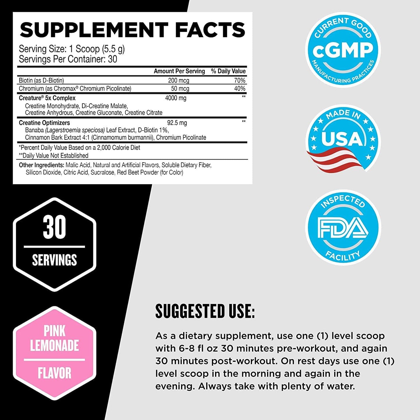 Beast Sports Nutrition Creature, Pink Lemonade - 30 Servings - 5 Forms of Creatine + Creatine Optimizers - Improve Strength, Muscle Tone, Endurance, Recovery and Energy Production