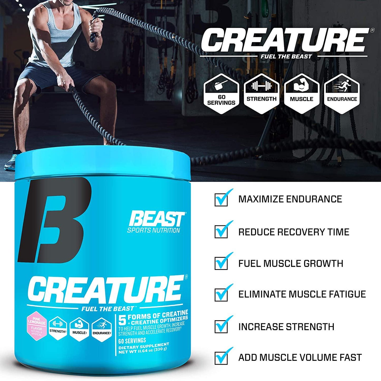 Beast Sports Nutrition – Creature Creatine Complex – Fuel Muscle Growth – Optimize Muscle Strength – Enhance Endurance – Increase Recovery Time – Five Forms of Creatine – Pink Lemonade 30 Servings