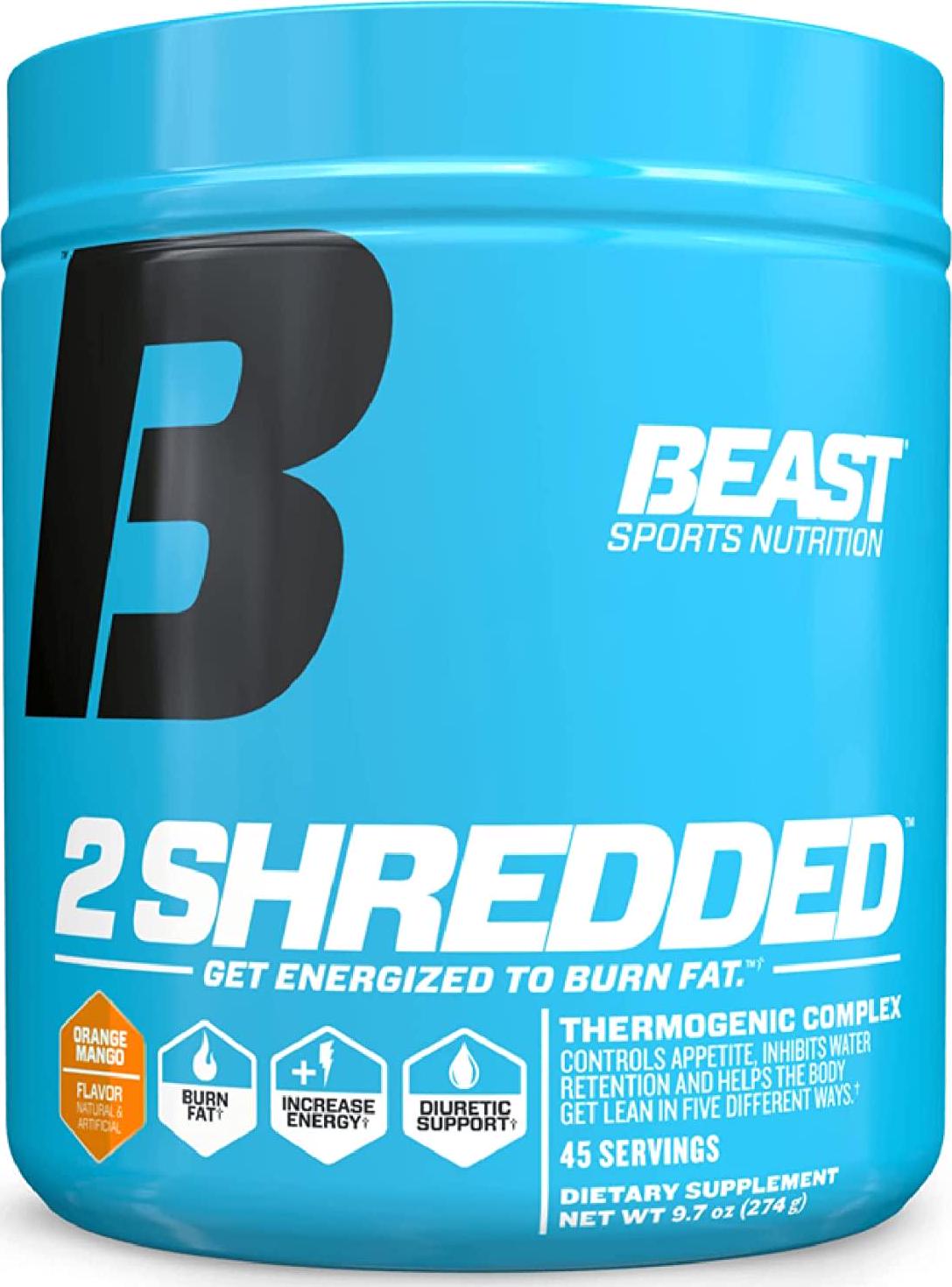 Beast Sports Nutrition 2 Shredded Thermogenic Powder, Metabolism Booster - Orange Mango, 274 Grams, 45 Servings